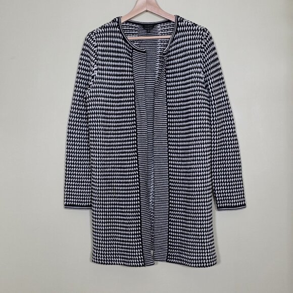 Talbots Cardigan Womens M Black White Geo Pattern LS Merino Wool Open Front Boho - Picture 1 of 16